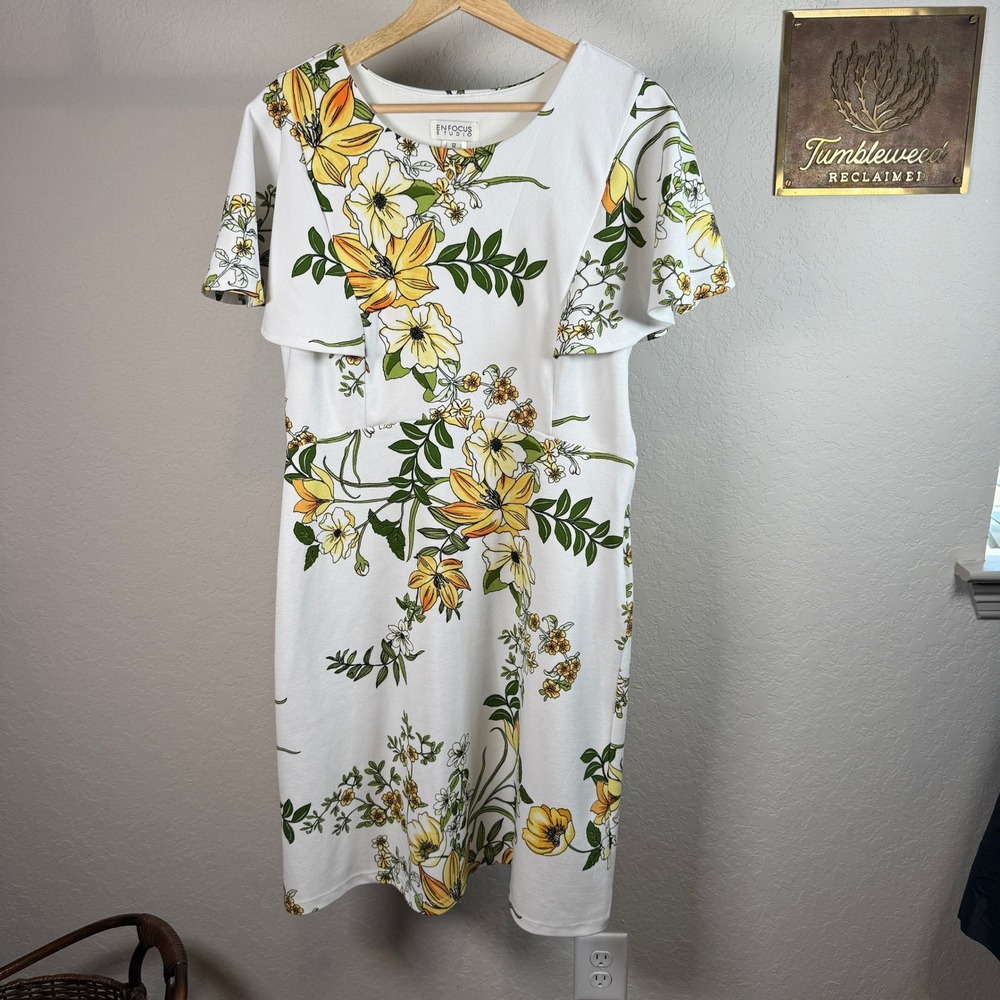 Enfocus Studio Womens Floral Sheath Dress White Yellow‎ Flutter Sleeve Size 12 - Picture 2 of 9